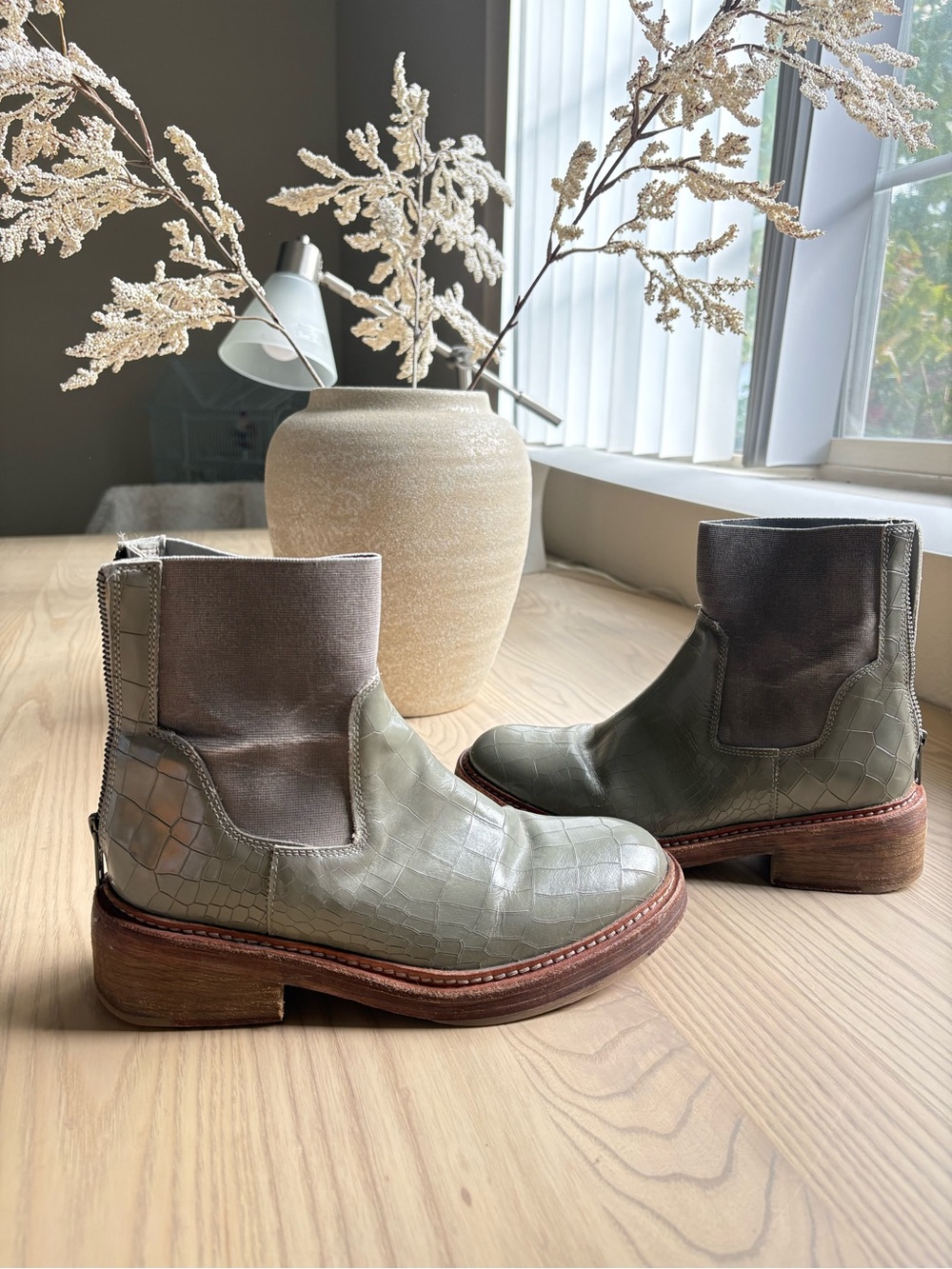 Free People Gray Croc-Embossed Ankle Boots